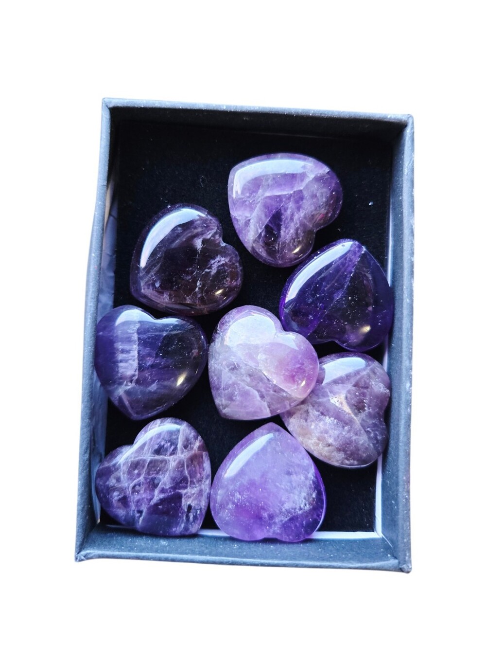 Amethyst Heart Set – 9 Polished Purple Crystal Hearts in Gift Box, Healing Reiki